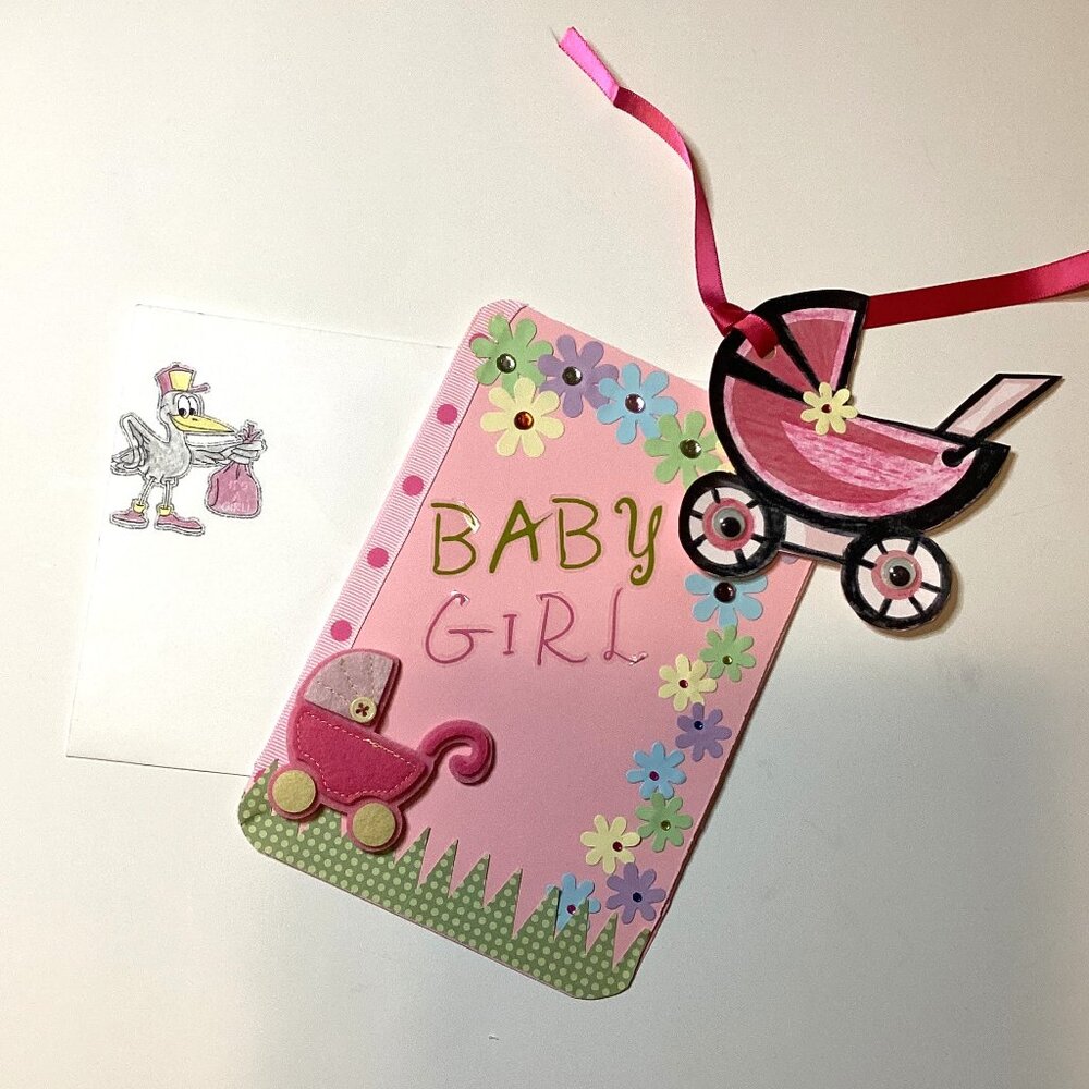 Handmade New Born Baby Girl Greeting Card + Matching Gift Tag Stationary